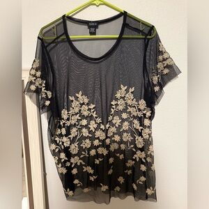Chic Black Mesh Top with Cream Floral Embroidery
